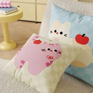 Creamy style cute cat throw pillow detail shot, soft fabric sofa cushion cover with grid pattern.