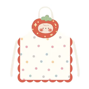 Cute strawberry cartoon apron detail featuring colorful polka dots and cute bear face.