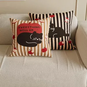 Striped vintage cat throw pillow cover, square sofa cushion with black cat print.