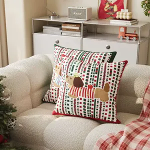 Red plaid puppy throw pillow for living room sofa, cute cartoon retro printed cushion cover.