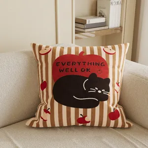 Striped vintage black cat throw pillow, red apple cartoon printed cushion cover for sofa.