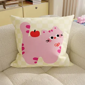 Cute pink cat throw pillow cover with checkerboard pattern, cozy cushion for sofa and bed.