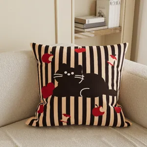 Vintage striped black cat throw pillow with red apple print, square sofa cushion cover.