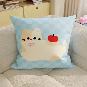 Cute blue check cat throw pillow cover for living room sofa bedroom bedside and office chair use