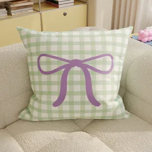 Green and white checkered throw pillow with purple bow, Korean style soft cushion cover for sofa.