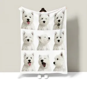 Flannel pet blanket featuring cute dog photos grid, soft throw blanket for couch and office nap.