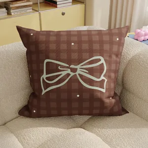Brown plaid pillow with bow design cozy aesthetic sofa cushion soft cover home decor details