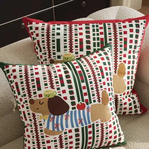 Red grid dachshund decorative pillow case, cute cartoon style cushion for living room sofa.