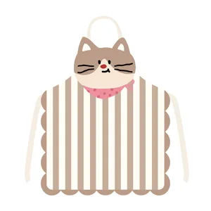 Carino grembiule da cucina a gatto per donna, bavaglino a righe marroni con bordi smerlati.