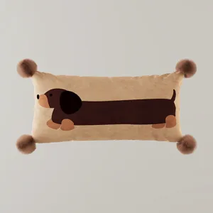 Cute long dachshund throw pillow with furry pom-poms, soft plush bolster for sofa bed.