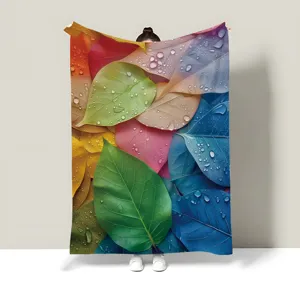 Colorful leaf fleece blanket, soft and cozy cover for office dorm, vibrant botanical nap throw.