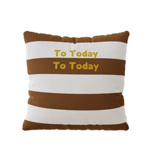 Modern minimalist striped pillowcase, brown and white cushion cover with stylish text print.