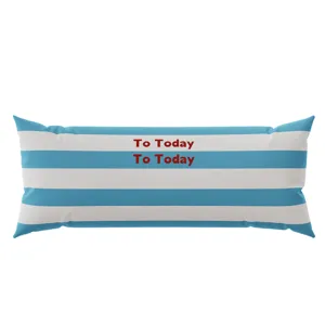 Blue and white striped long bolster pillow detail view, soft cushion texture and print.