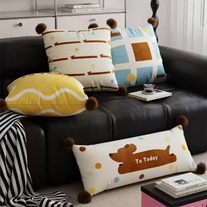 Decorative throw pillow covers set with cute dog and abstract patterns for living room sofa.