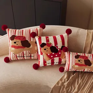Housse de Coussin Décorative Imprimé Chiot Dessin Animé Housse de Coussin Rayée Rouge Avec Pompons Mignon Maison Salon Décoration