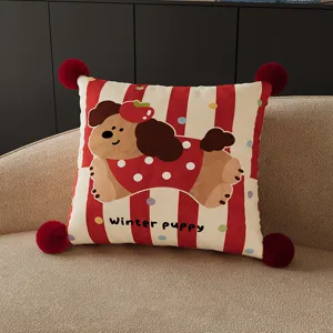 Oreiller décoratif carré à imprimé chiot mignon rayé rouge et blanc avec pompons rouges