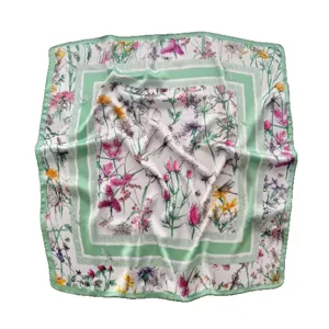 Spring floral 70cm imitation silk square scarf for women, elegant fashion neckerchief.