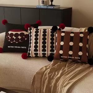 Retro Polka Dot Striped Throw Pillow Cover Decorative Square Cushion Case With Pom-Poms For Sofa Bed Living Room
