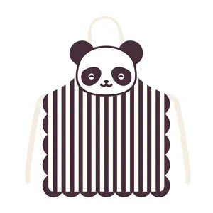 Cute panda apron detail view, black and white vertical stripes design with scalloped hem.