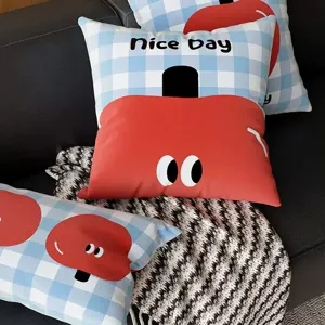Korean style blue plaid apple throw pillow, cute cartoon design cushion for living room sofa.