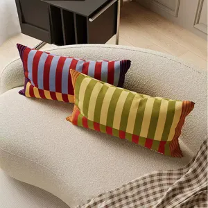 Vintage Bauhaus striped lumbar pillow, soft long cushion for sofa and bed headboard.