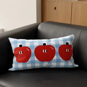 Korean style blue and white plaid pillowcase with cute red apple print for sofa bed