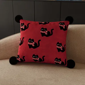 Red holiday cat throw pillow square sofa decorative cushion with black cat pattern and pom poms