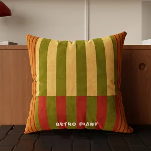 Retro Bauhaus striped throw pillow cushion detail view, vintage colorful geometric cover design.