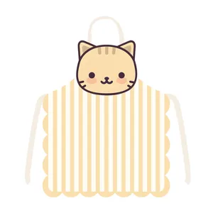 Close-up detail of cute cat face apron, yellow striped fabric texture and scalloped hemline.