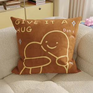Cuscino decorativo marrone in stile cartoon, morbida federa in velluto con dolce grafico.