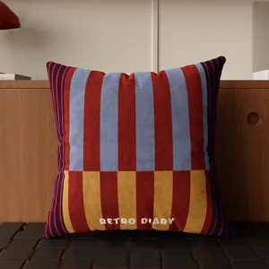 Retro Bauhaus striped throw pillow, colorful square cushion cover for sofa, living room and bed decor.