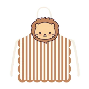 Close-up view of the cute cartoon lion head apron with brown vertical stripes and scalloped edges.