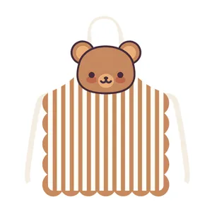Cute cartoon bear face detail on striped apron, fabric kitchen cooking apparel close-up.