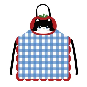 Cute cartoon black cat checkered kitchen apron detail view, perfect for baking and daily cooking.