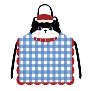 Cute cartoon cat sleeveless apron detail view, blue plaid fabric pattern for kitchen baking.