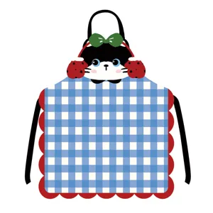 Cute cartoon cat sleeveless apron with blue checkered pattern and red scalloped edges for baking.