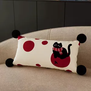 Red Christmas cat throw pillow for living room sofa, cute cartoon cushion with poms.