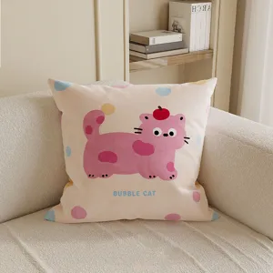 Cute cartoon cat polka dot square pillow cover, cozy sofa cushion for home decor.