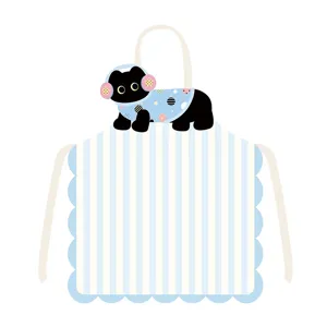 Detailansicht der niedlichen Cartoon-Katzen-Schürze, blau-weiße Streifen für Küche und Kochen.