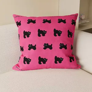 Dopamine pink cat pattern cushion cover with cute black cat silhouettes for sofa decor.