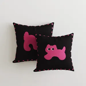 Black pink cat throw pillow detail, cute cartoon style cushion for sofa, bed, and car interior use.