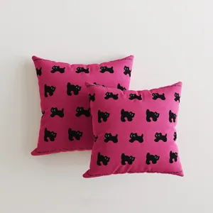 Cute dopamine pink and black cat print square throw pillow for sofa car and bedroom decor