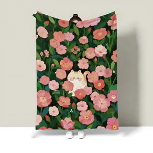 Cute cartoon cat floral flannel blanket soft cozy throw for dorm bed sofa nap blanket