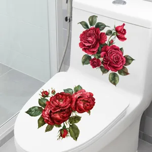 Waterproof red rose toilet sticker decal, self-adhesive floral bathroom decor for lid and tank.
