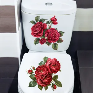 Waterproof red rose self-adhesive toilet sticker detail view, beautiful floral decor decal.