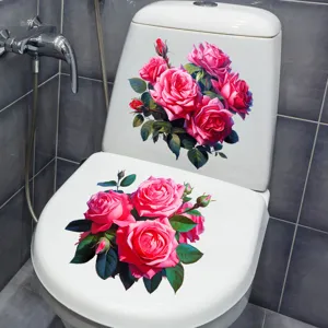 Waterproof self-adhesive pink rose toilet sticker, floral decorative decal for bathroom lid.