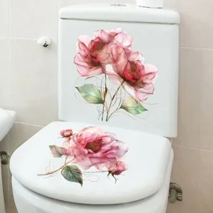 Waterproof pink rose floral toilet sticker and tank decal detail showing elegant bathroom decor.
