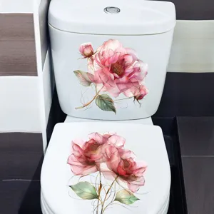 Close-up view of elegant pink floral toilet sticker, waterproof self-adhesive decal for bathroom.