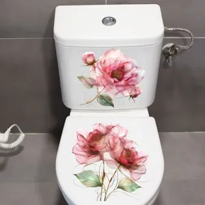 Waterproof pink floral toilet sticker self-adhesive removable bathroom wall decal close up
