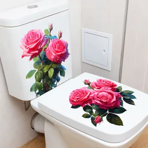 Waterproof self-adhesive pink rose flower toilet sticker and home bathroom decor decal.